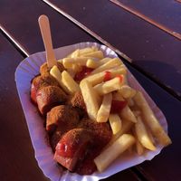 Currywurst and fries   at Curry at the Wall - Food Stand in Berlin