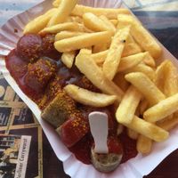 €5.80 currywurst n chippies! at Curry at the Wall - Food Stand in Berlin