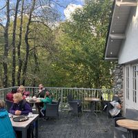 Outside riverside terrace at Chesters by the River in Skelwith Bridge