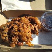 Huuuge onion bhaji and mango chutney! at Chesters by the River in Skelwith Bridge