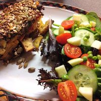 Takeaway fritata (it was delicious and massive!) Salad our own. at Chesters by the River in Skelwith Bridge