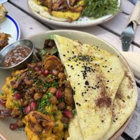 Chickpea curry with naan and potatoes   at Chesters by the River in Skelwith Bridge