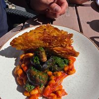 Hash browns, beans and mushrooms at Chesters by the River in Skelwith Bridge