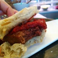 Square sausage roll with homemade ketchup. at Soy Division in Glasgow