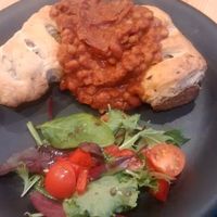 Sausage roll and beans at Soy Division in Glasgow