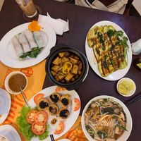 Spring roll clay pot tofu aubergine for noodles at Viet An in Ho Chi Minh City