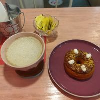 Dona y matcha latte at Frambuesa Pastelería Vegan in Bogota