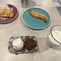 Chocolate bomb, almond croissant and cheese pastry  at Frambuesa Pastelería Vegan in Bogota