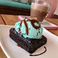 Brownie with choc mint icecream at Frambuesa Pastelería Vegan in Bogota