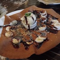 Banana, vegan ice cream, chocolate sauce & coconut crepe at Creperie & Logi in Visby