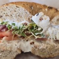 Toasted Whole Wheat Italian Seasonings Bagel with Tofutti (R), Tomato, Red Onion, and Sprouts at Bagel Cafe in Camden