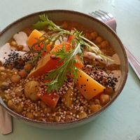 Plate of the day, chickpeas with roasted squash, sesam seeds and a delicious horseradish sauce. at Petite Nature in Rennes