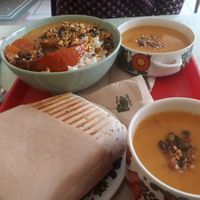 Vegan burrito, hot vegan curry salad and sweet potato soup! at Petite Nature in Rennes