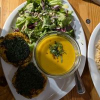 Combo menu of salad, soup, and vegetable rosti (in the shadow). at Cuit Lu Cru in Colmar