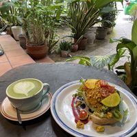 Matcha Latte w/ soy and Avo Bread with scrambeld tofu   at Rosie's Cafe in Hoi An