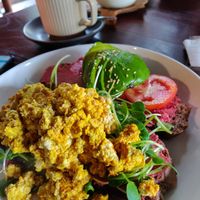 Beetroot hummus toast (scrambled tofu instead of eggs) at Rosie's Cafe in Hoi An