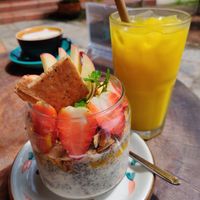 Chia me up (chia seeds soaked overnight with soy milk, mango puree and fruits) and passionfruit juice at Rosie's Cafe in Hoi An