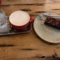 Chai latte and pecan brownie  at Pot Kettle Black in Manchester