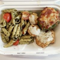 Veggie meal of the day: vegetable croquettes with gorgonzola sauce, pasta with basil and cherry tomatoes, stuffed green pepper (quinoa, carrot and green bean stuffing). Dessert was a churchill brigadeiro. at YoHoy in Escazu