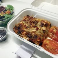 Veggie lasagna, roasted tomatoes, side salad with blackberry dressing and mini brownie at YoHoy in Escazu
