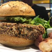 Lentil burger with papas rusticas at Le Pain Quotidien - Posadas in Buenos Aires