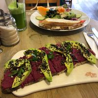 Vegan tartine, green juice and salad. at Le Pain Quotidien - Vila Madalena in Sao Paulo
