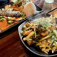 Both dishes together; vegan duck at the top and rice noodles with tofu and vegetables at the bottom  at Chay Umi in Berlin