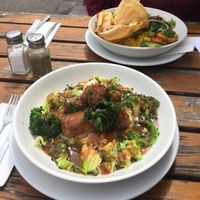 Sausage, mash & veg. Curry in the background. at Coopers Cask in Hove