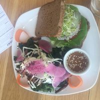 Mock tuna on multigrain with kale and oyster mushroom salad at Living Kitchen in Raleigh