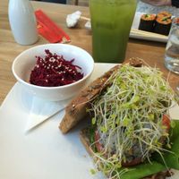 Mock Tuna Salad Sandwich with a side of beet salad and kale lemonade to drink. at Living Kitchen in Raleigh