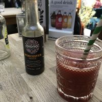 They have vegan Worcester sauce (I added it to the tomato juice) !! It made my day!! at The Cornish Vegan in Truro