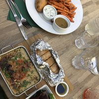 Fish and chips + gluten free vegetable lasagne (comes with salad and garlic bread) at The Cornish Vegan in Truro