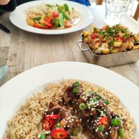 Mushroom fusion (front), poutine (middle) and curry (back) at The Cornish Vegan in Truro