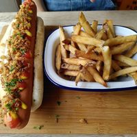 Hot dog and fries at The Cornish Vegan in Truro