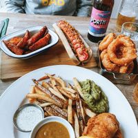 Vegan hot dog, vegan onion rings, vegan fish and chips at The Cornish Vegan in Truro