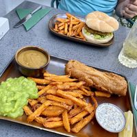 Fish n chips and chickless burger  at The Cornish Vegan in Truro