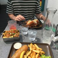 Fish (banana blossom) and chips, poutine and Reuben sandwich  at The Cornish Vegan in Truro