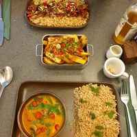 [Top to bottom] Mushroom Fusion, Poutine, Thai Red Curry at The Cornish Vegan in Truro