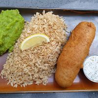 F¡sh n chips [asked to swap to rice!], mushy peas and tartare sauce at The Cornish Vegan in Truro