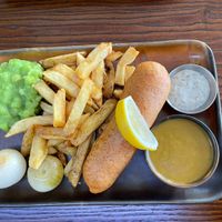 F’sh and chips - curry and peas  at The Cornish Vegan in Truro