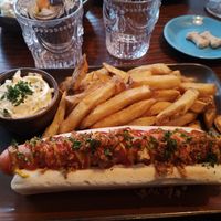 Hotdog, fries and coleslaw at The Cornish Vegan in Truro