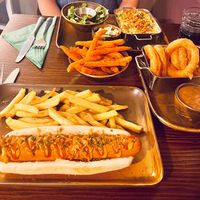 American Style Hotdog, Mac & Cheese, Onion Rings, and Sweet Potato Fries  at The Cornish Vegan in Truro
