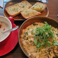 Tagliatelle carbonara + garlic bread at The Cornish Vegan in Truro
