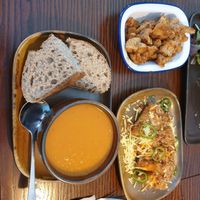 Soup of the day buffaloe wings and hashbrowns at The Cornish Vegan in Truro