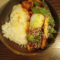 Sweet and sour stir fry with rice at The Cornish Vegan in Truro