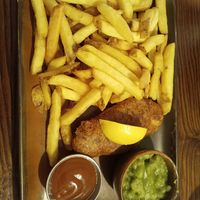 Fish & chips with mashed peas at The Cornish Vegan in Truro