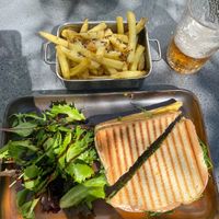Cheeze and pastrami toastie with truffle fries    at The Cornish Vegan in Truro