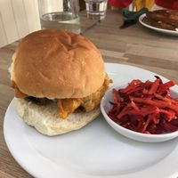 Fish burger with banana blossom  at The Cornish Vegan in Truro