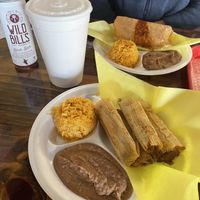 Chimi plate, tamale plate, and the biggest cup of horchata in the state of Texas!  at El Palote Panaderia in Dallas
