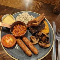 Delicious mushrooms with Vegan Sausages and Vegan black pudding at The Borough Pub in Lancaster